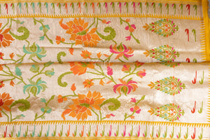 Mango Yellow Tusser georgette saree with all over paithani weave