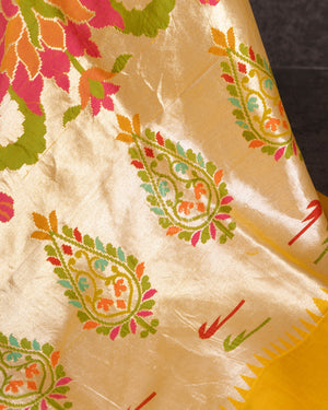 Mango Yellow Tusser georgette saree with all over paithani weave