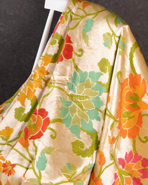 Mango Yellow Tusser georgette saree with all over paithani weave