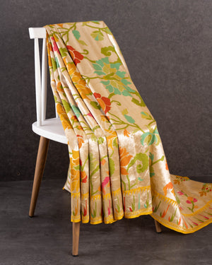 Mango Yellow Tusser georgette saree with all over paithani weave