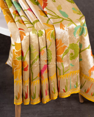 Mango Yellow Tusser georgette saree with all over paithani weave
