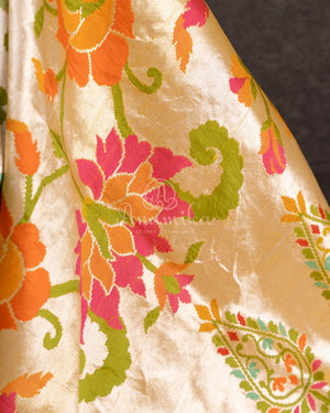 Mango Yellow Tusser georgette saree with all over paithani weave