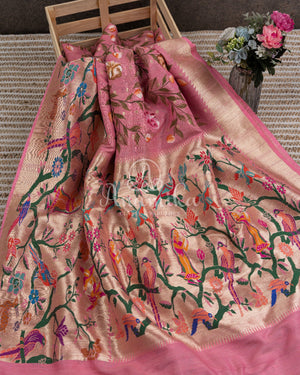 Handpainted Tusser Georgette Saree with exclusive paithani border