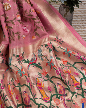 Handpainted Tusser Georgette Saree with exclusive paithani border