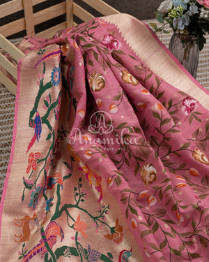 Handpainted Tusser Georgette Saree with exclusive paithani border
