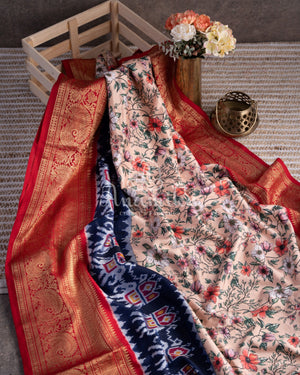 Twill silk saree with paithani and kanchi border, with all over digital kalamkari print