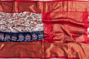 Twill silk saree with paithani and kanchi border, with all over digital kalamkari print