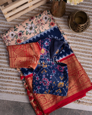 Twill silk saree with paithani and kanchi border, with all over digital kalamkari print