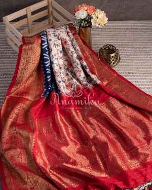 Twill silk saree with paithani and kanchi border, with all over digital kalamkari print