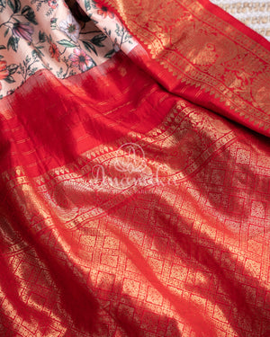 Twill silk saree with paithani and kanchi border, with all over digital kalamkari print