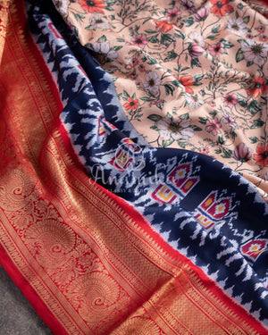 Twill silk saree with paithani and kanchi border, with all over digital kalamkari print