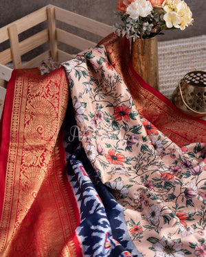 Twill silk saree with paithani and kanchi border, with all over digital kalamkari print