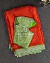 Orange Satin Organza saree with zardosi work with contrast green work blouse