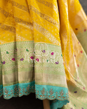 Breath taking Banarasi saree in Yellow/Blue with maggam work border
