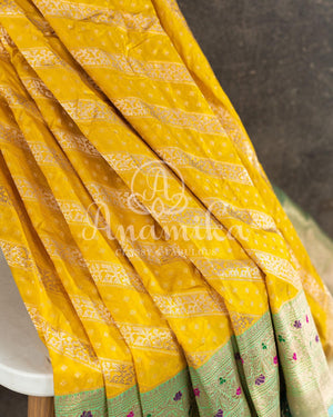 Breath taking Banarasi saree in Yellow/Blue with maggam work border