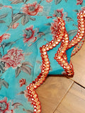 Blue Floral Georgette saree with contrast red mirror work border and blouse