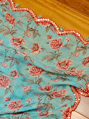 Blue Floral Georgette saree with contrast red mirror work border and blouse