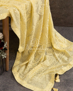Yellow Georgette Chikankari Saree with sequins