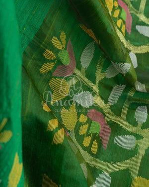 Green Muslin Jamdaani weave with a contrast pink sleeveless blouse