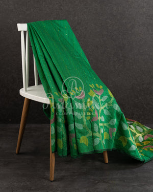 Green Muslin Jamdaani weave with a contrast pink sleeveless blouse