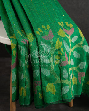 Green Muslin Jamdaani weave with a contrast pink sleeveless blouse