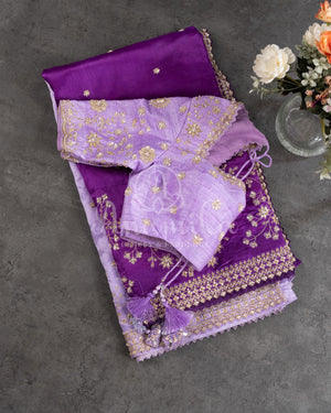 Purple Ombre Tissue Silk Saree with embroirdered border and lavender blouse