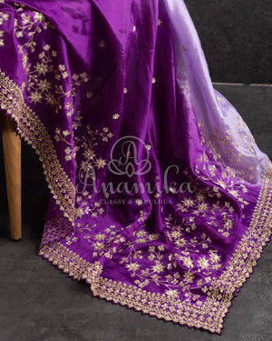 Purple Ombre Tissue Silk Saree with embroirdered border and lavender blouse