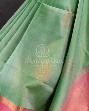 Pastel green soft silk kanchipuram saree with contrast pink border and blouse