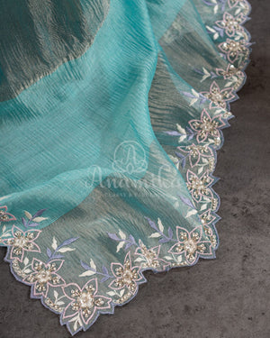 Blue Crush Georgette saree with a beautiful hand embroidered cutwork border