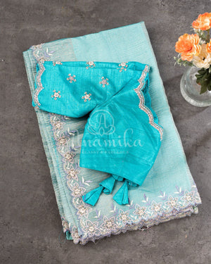 Blue Crush Georgette saree with a beautiful hand embroidered cutwork border
