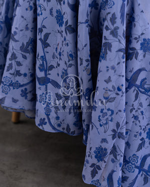 Steel Gray Floral Georgette ruffle saree with a stylish sleeveless blouse