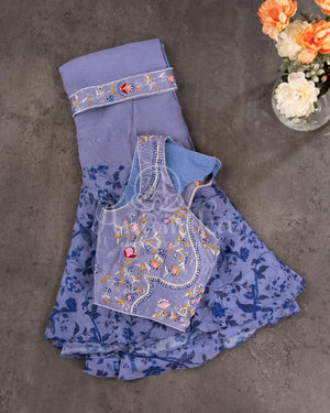 Steel Gray Floral Georgette ruffle saree with a stylish sleeveless blouse