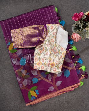 Violet Muslin Jamdaani with multi color floral weave