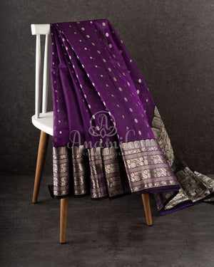 Purple Chanderi Silk Saree with a contrast yellow kalamkari blouse