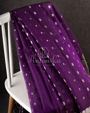 Purple Chanderi Silk Saree with a contrast yellow kalamkari blouse