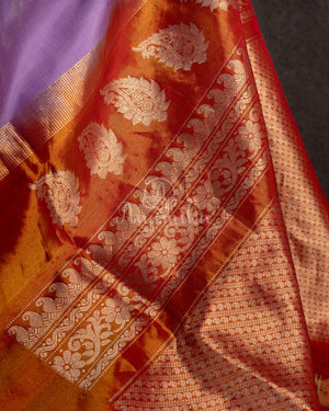 Lavender Gadwal Saree with a contrast reddish gold tissue border