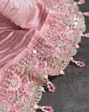 Peach Pink Pleated saree with an embroidered border and blouse