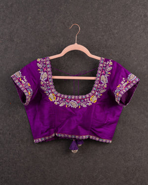 Purple Short sleeves blouse with intricately designed thread and zardosi work