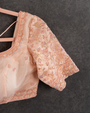 Light peach elbow sleeves with cutdana work - net overlay on top