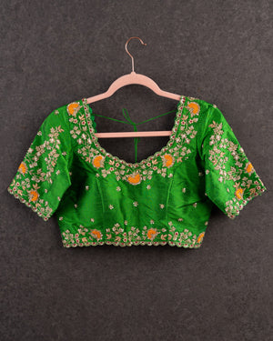 Green Elbow sleeves blouse with gold zardosi work