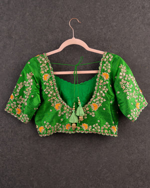 Green Elbow sleeves blouse with gold zardosi work