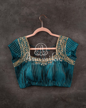 Peacock Green Pure Silk Zari buttas blouse with gold zardosi work on shoulder line