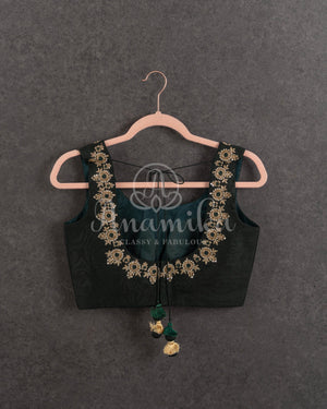 Dark Green (almost black) sleeveless blouse with gold zardosi work