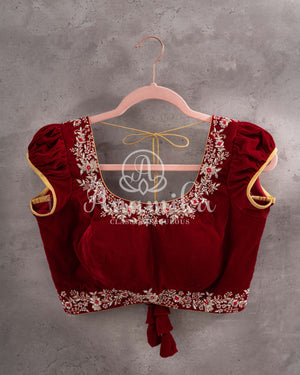 Maroon short sleeves blouse on velvet with gold zardosi work
