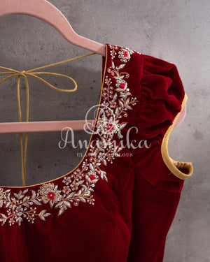 Maroon short sleeves blouse on velvet with gold zardosi work