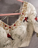 Off white printed rawsilk blouse with gold zari work