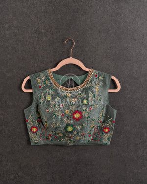 Yellow/Grey Crepe Georgette saree with beautifully designed grey blouse and belt