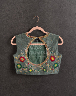 Yellow/Grey Crepe Georgette saree with beautifully designed grey blouse and belt