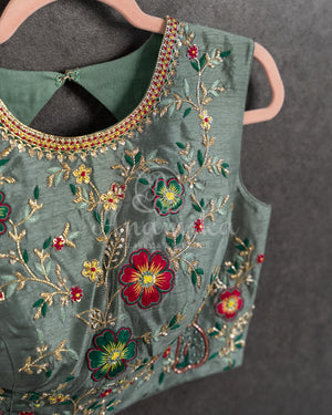 Yellow/Grey Crepe Georgette saree with beautifully designed grey blouse and belt