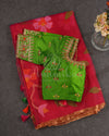 Tomato Pink/Red Muslin Jamdaani with multi color floral weave